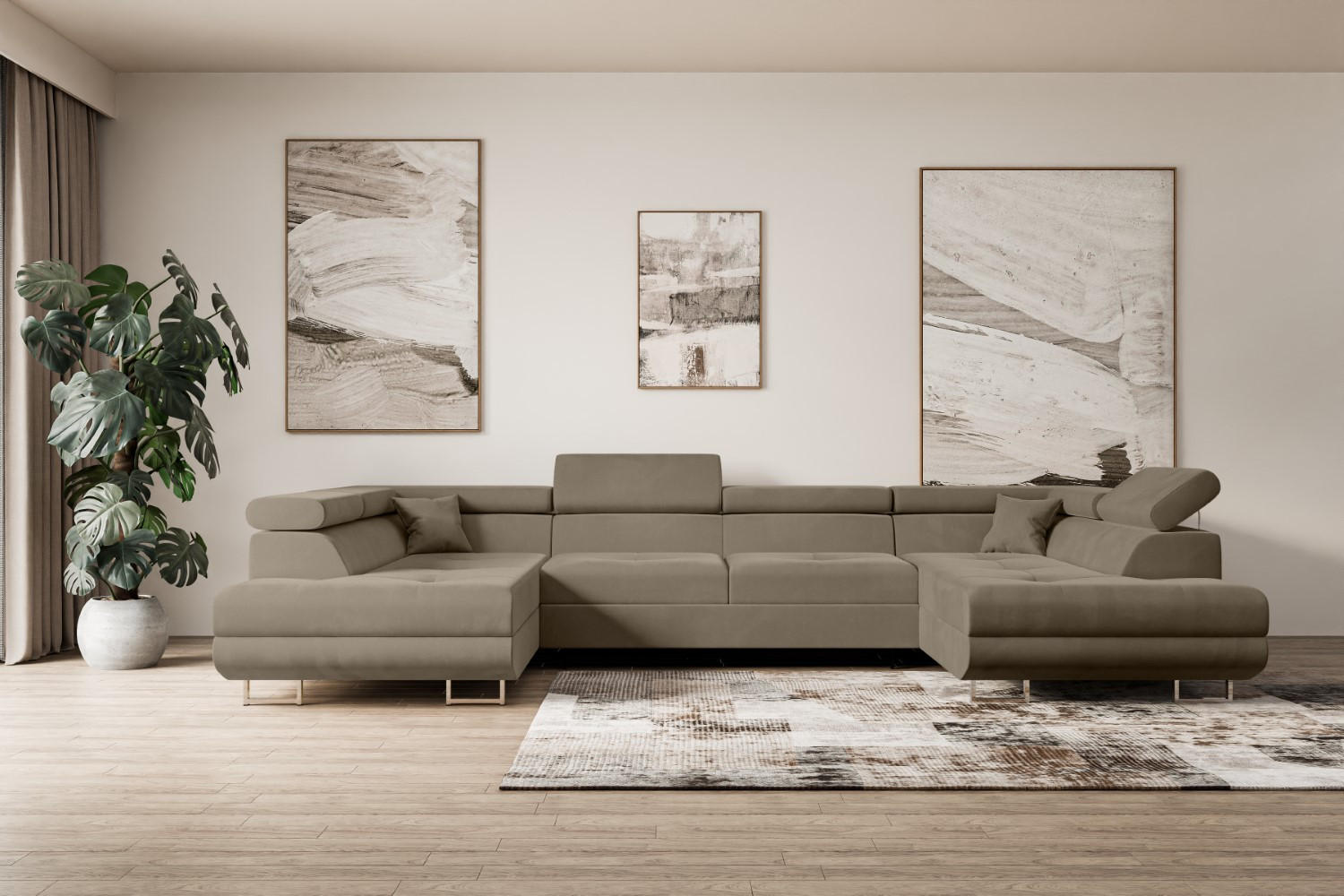 WOHNLANDSCHAFT mit Schlaffunktion und Bettkasten GUSA-U 342x202x107 cm Braun Velours - Silberfarben/Braun, Holzwerkstoff/Textil (342/107/202cm) - ALTDECOR