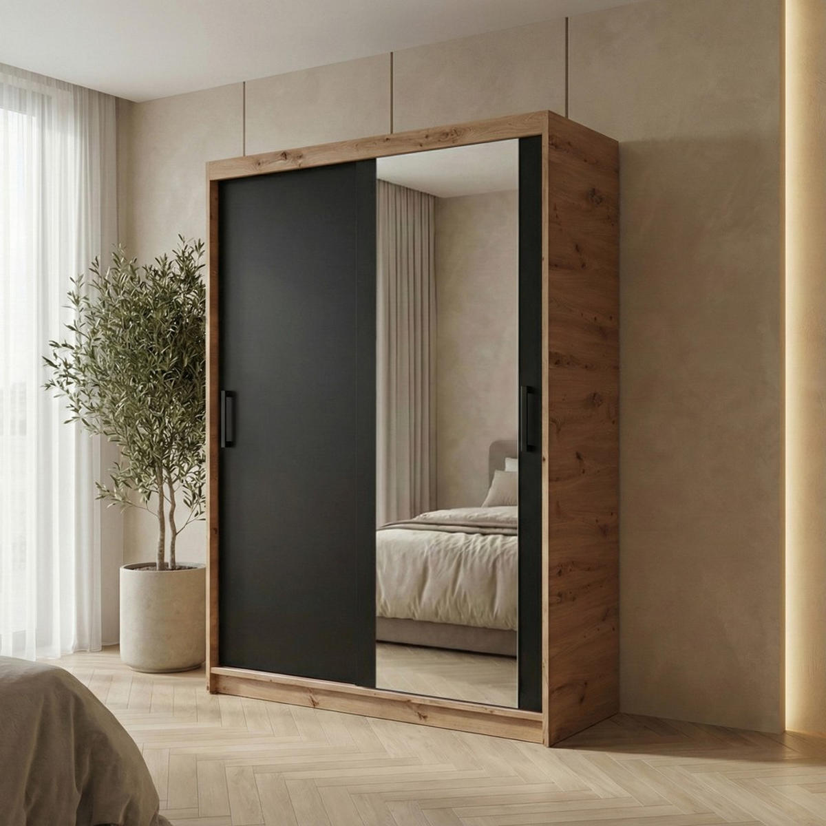 SCHWEBETÜRENSCHRANK Hela 120/205/60 2-türig eiche Artisan/schwarz mit Schubkasteneinsatz - Schwarz/Eiche Artisan, Holzwerkstoff (120/205/60cm) - Beautysofa