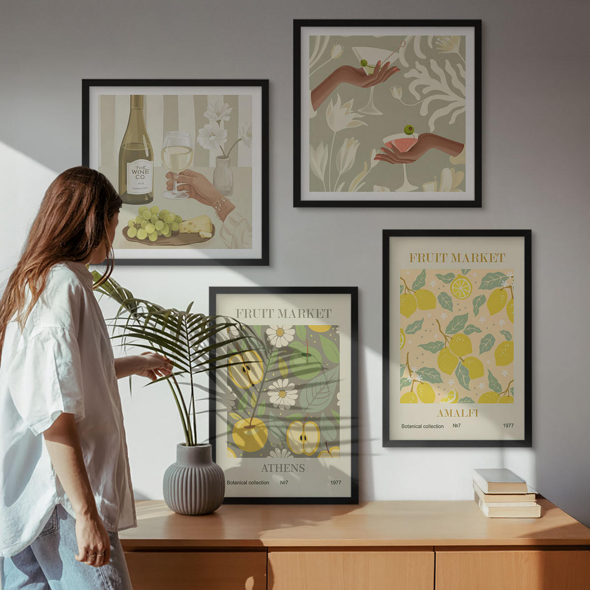 WANDBILDER 4er-Set - 50x50 cm & 40x60 cm Schwarzer Rahmen - Fruchtige Muster italienischer Wein - Schwarz, Kunststoff (50/50cm) - ArtPrintCave