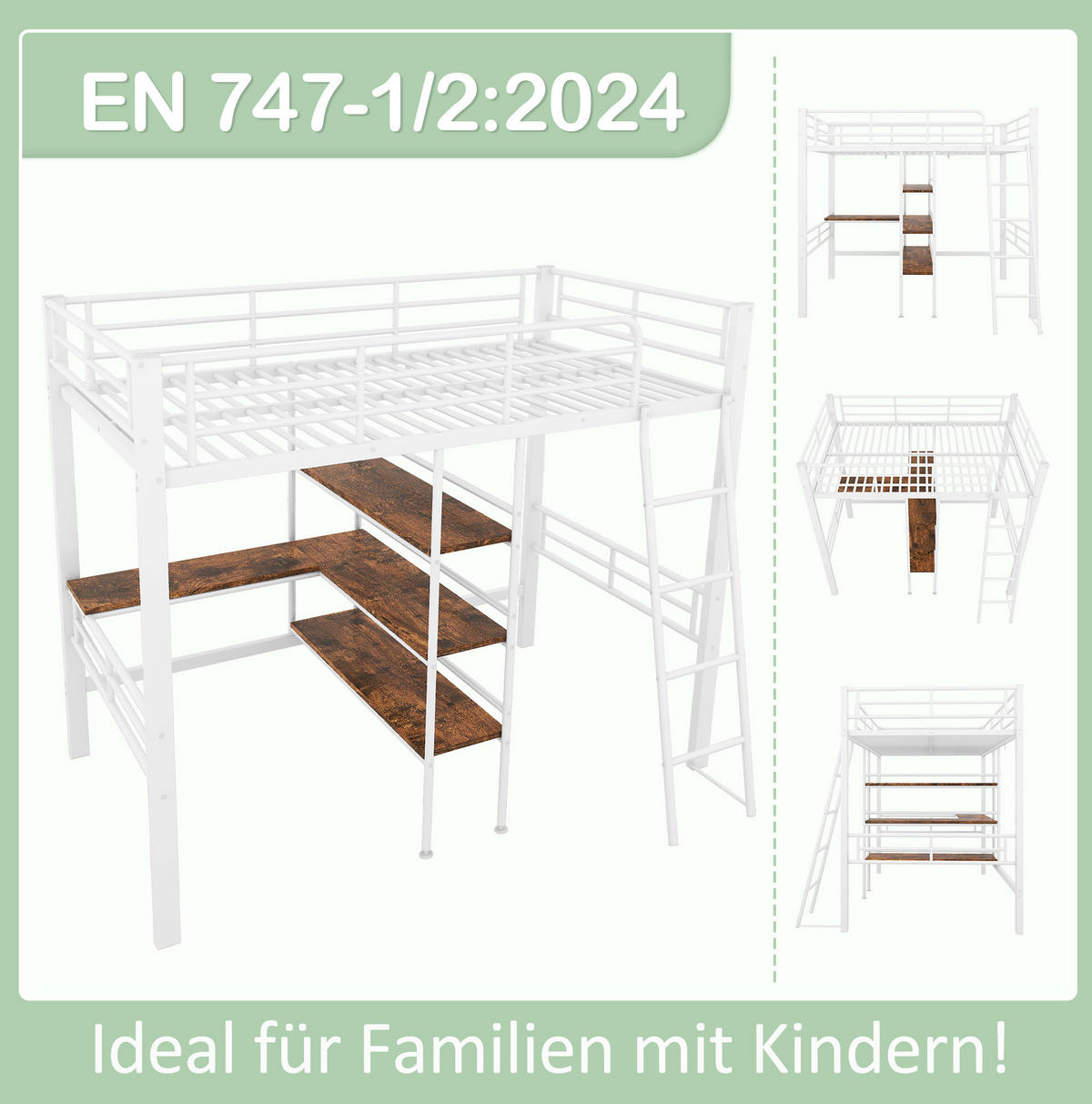HOCHBETT 90/200 cm aus Metall mit Schreibtisch und Regalen Weiß - Weiß, Metall (90/200cm) - Modenvie