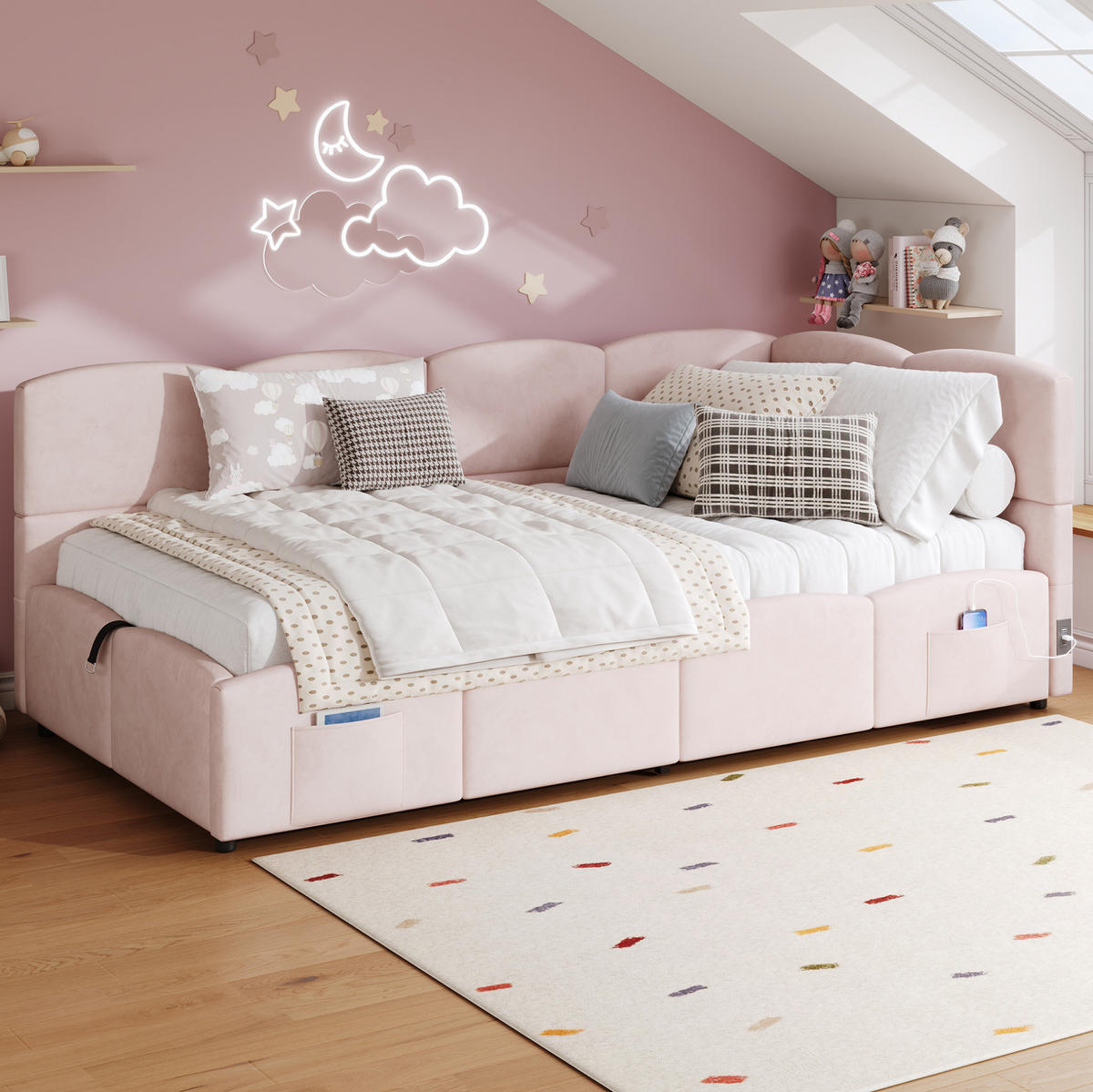 SCHLAFSOFA aus Samt 90x200 cm Rosa mit hydraulischem Stauraum, USB-A- und USB-C-Anschlüssen - Rosa, Textil (90/200cm) - IVMEU