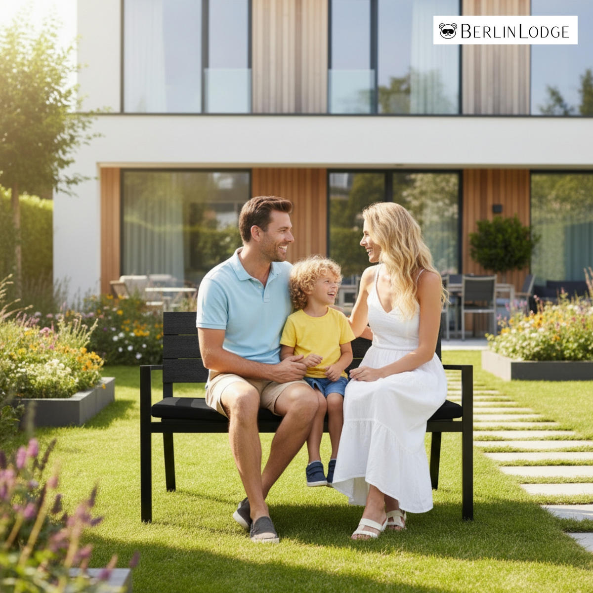 GARTENBANK MALLORCA mit Sitzkissen in Holzoptik 3-Sitzer 77x128x44cm Schwarz - Schwarz, Kunststoff/Metall (128/77/44cm) - BERLINLODGE
