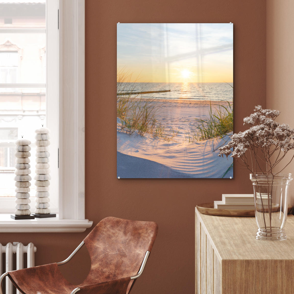 OBRAZ NA AKRYLOVOM SKLE Pláž - Slnko - Duny - Tráva - Piesok - Horizont 60x80 cm - svetlomodrá, sklo (60/80cm) - MuchoWow
