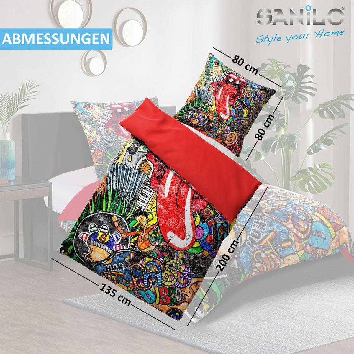 BETTWÄSCHE 4-teilig Graffiti - Rot, Naturmaterialien (135/200cm) - Sanilo