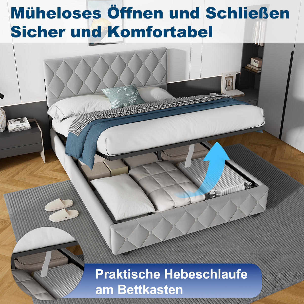 POLSTERBETT 140/200 cm mit Bettkasten in Grau Samt, ohne Matratze - Hellgrau, Holzwerkstoff/Textil (140/200cm) - WISHDOR
