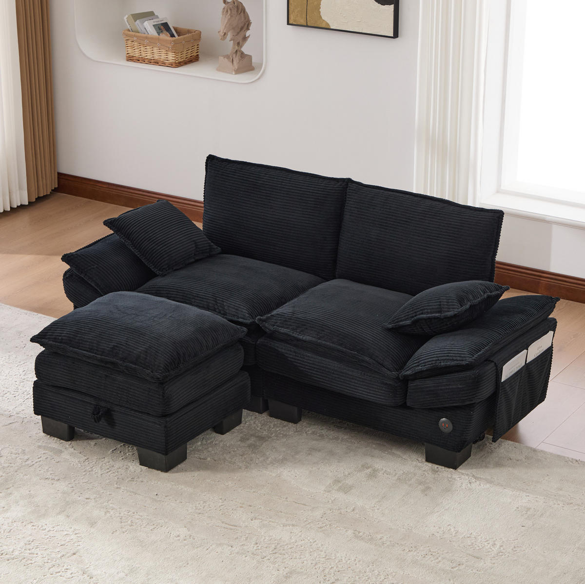 ECKSOFA aus Corduroy 190x132x84 cm in Schwarz mit Hocker & USB-C - Schwarz, Textil (132/190cm) - Modfu