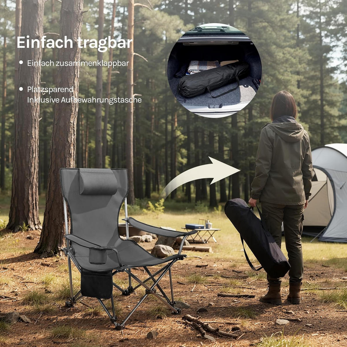 CAMPINGSTUHL Faltbar 2er Set mit Fußablage Grau - Grau, Textil (84/88.5/160cm) - Woltu