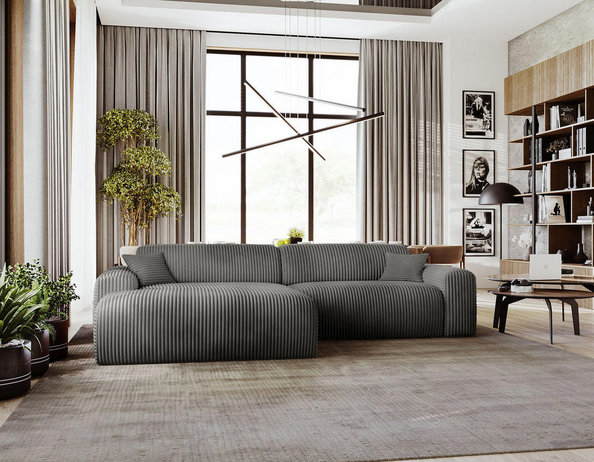 ECKSOFA mit Longchair - Cord - Schwarz/Grau, Kunststoff/Textil (284/178cm) - home24