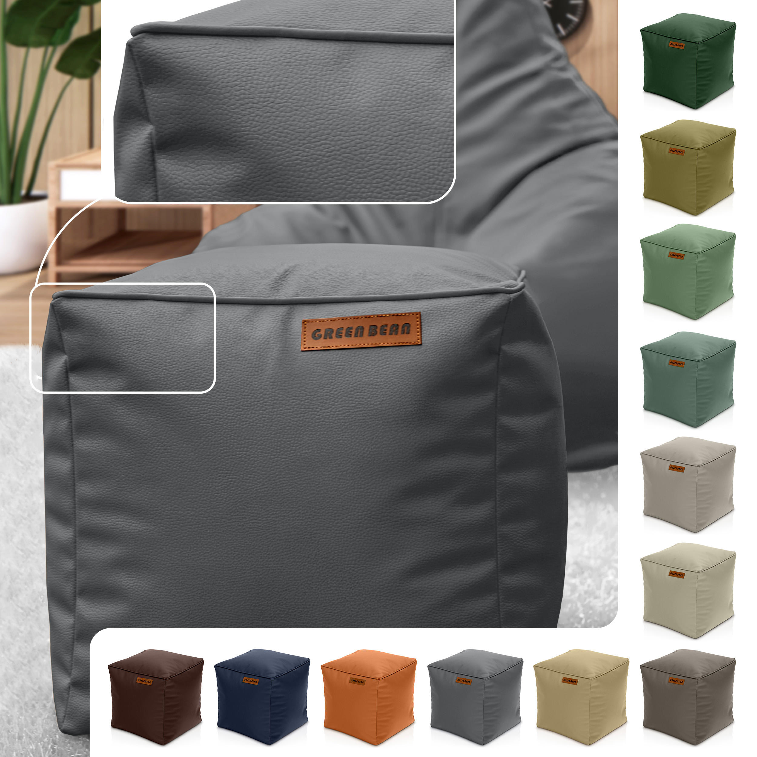 INDOOR HOCKER Cube eckig Kunstleder - Grau, Textil (40/40/40cm) - Green Bean