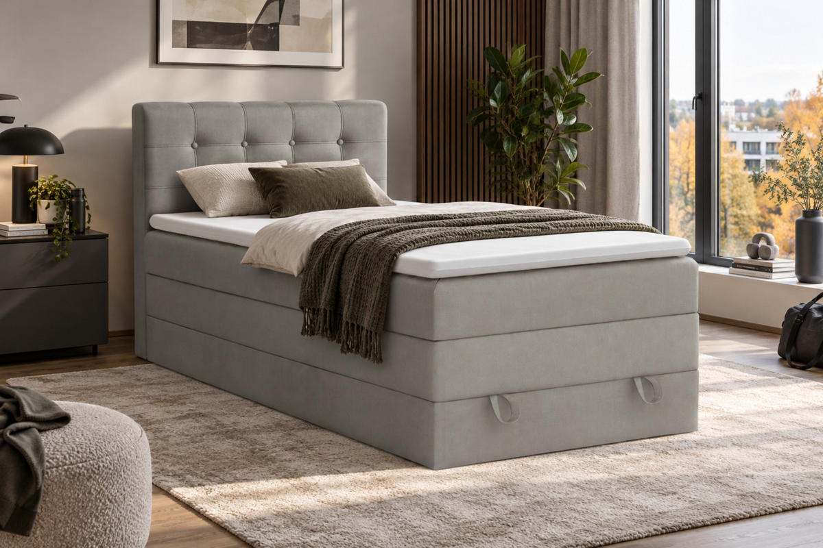 BOXSPRINGBETT JUNG 1 100/200 Velours Hellgrau mit Matratzen H3 + H4 - Hellgrau, Holz/Holzwerkstoff (100/200cm) - Deine Möbel 24