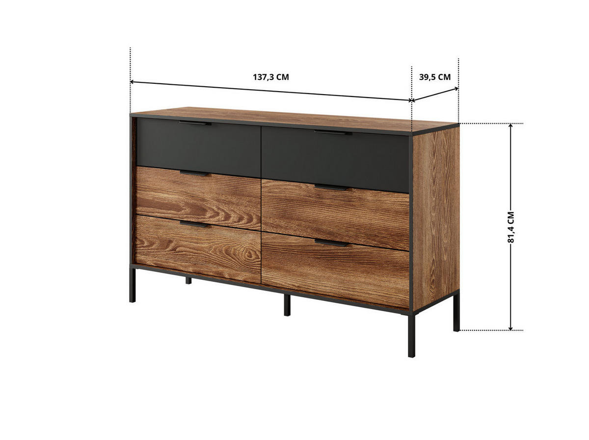 KOMMODE MELTON B 137 cm Kastanie / Anthrazit - mit 6 Schubladen, Soft-Close und Metallfüßen - Kastanienfarben/Anthrazit, Holz/Holzwerkstoff (137/81/39cm) - Ravio