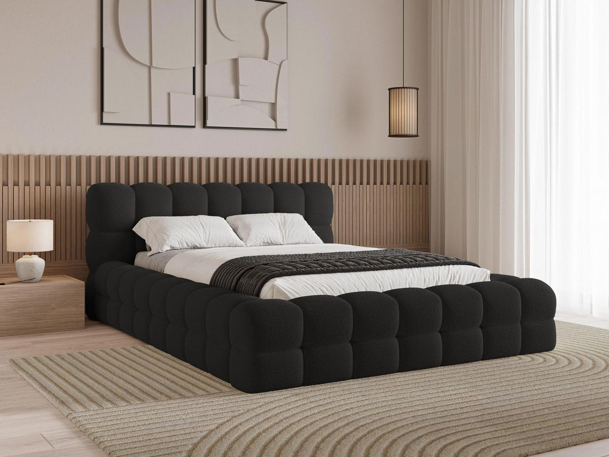 POLSTERBETT Verona 140x200 cm mit stabilem Metallrahmen, Bettkasten, Lattenrost und markantem Kopfteil - Bouclé Schwarz - Schwarz, Textil/Metall (140/200cm) - Chilly