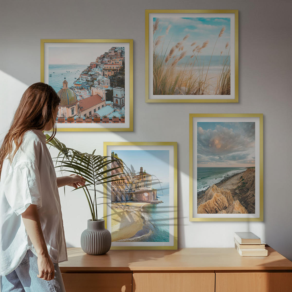 BILDER SET 4er Set - 50x50 cm & 40x60 cm Goldrahmen - Landschaften Strand Stadt Klippen - Goldfarben, Kunststoff (50/50cm) - TULUP