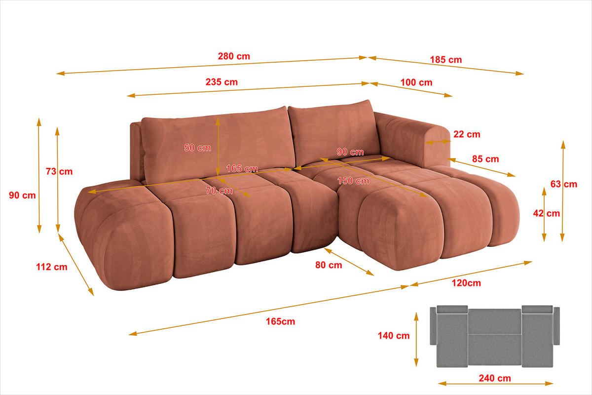 ECKSOFA Ottomane Rechts CLOUD-L 280x185x90 Apricot Velours - Koralle, Holzwerkstoff/Kunststoff (185/280cm) - ALTDECOR