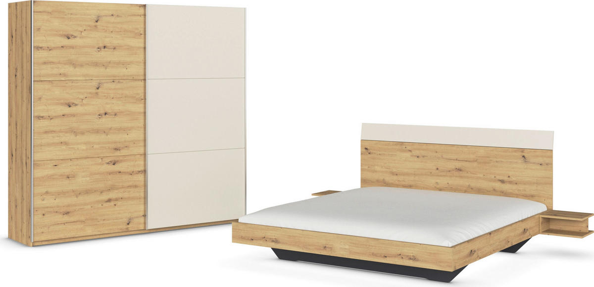 SCHLAFZIMMER Monza in Eiche Artisan und Beige mit Bettanlage 180x200cm, 2 Nachttischen und Schwebetürenkleiderschrank 4türig ohne Spiegel - Braun, Holzwerkstoff (80/200/120cm)