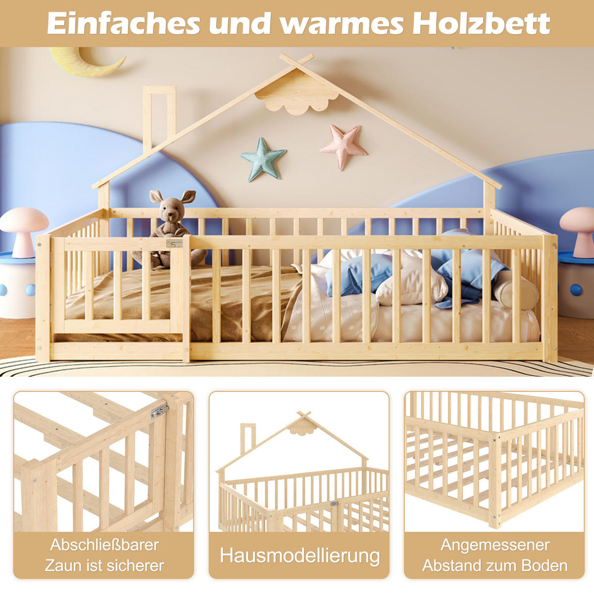 KINDERBETT 140/190 cm aus Kiefern mit Hausrahmen, Schutzgeländer und Verschluss, Natur - Naturfarben, Holzwerkstoff (140/190cm) - Redom