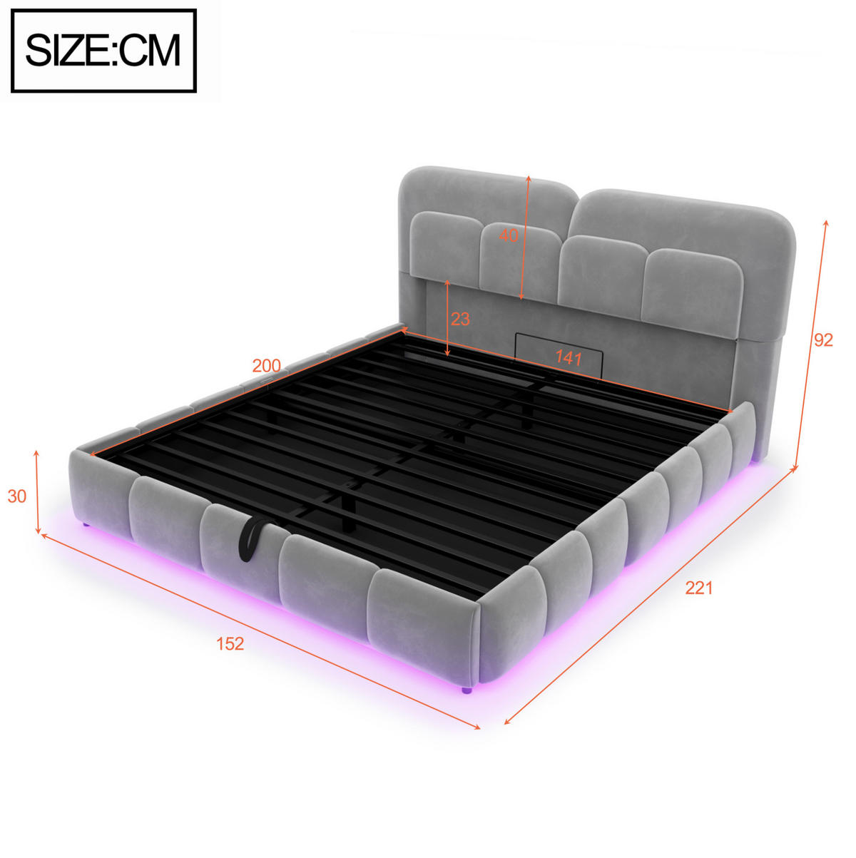 POLSTERBETT 140/200 cm aus Samt mit LED und Stauraum, Grau - Grau, Textil (140/200cm) - OKMYHOME