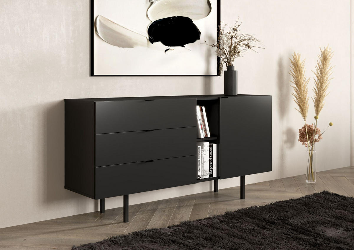 SIDEBOARD Myway, Schwarz, 3 Schubladen, Minimalistisch, 160 cm - Schwarz, Holzwerkstoff/Metall (160/80/41.6cm) - Skandica