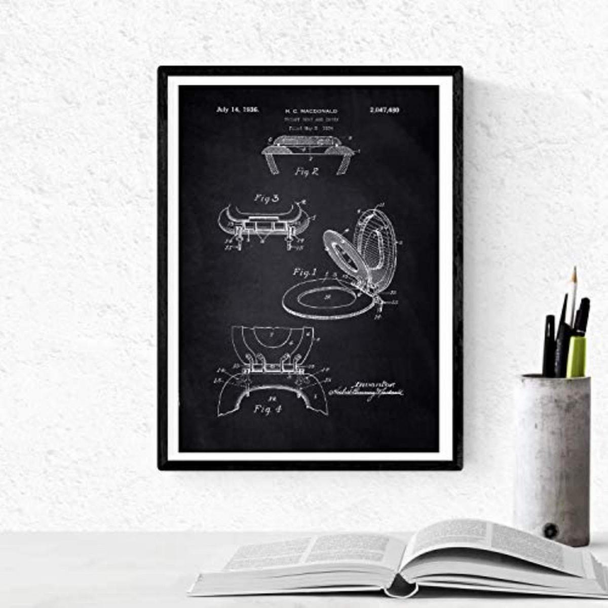 POSTER Set mit 4 Schwarz Badezimmer Patent A4 Schwarzer Rahmen - Schwarz, Papier (29.7/3cm) - Nacnic