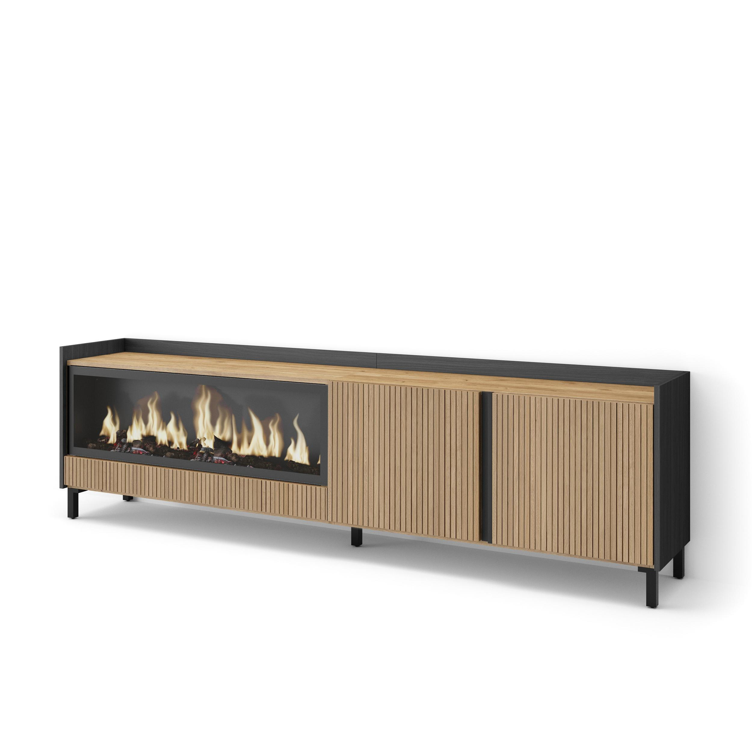 LOWBOARD, Eiche und Schwarz, 212/35/61cm, Elektrokamin XXL, Industriedesign - Eichefarben, Holzwerkstoff (212/61/35cm) - Skraut Home