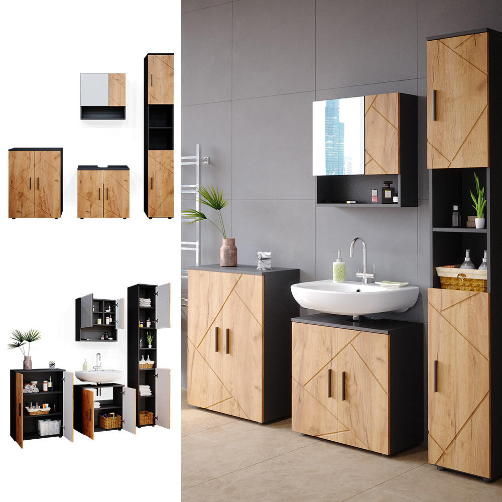 BADMÖBEL-SET Irma Goldkraft Eiche/Anthrazit 4 Teile mit Hochschrank und Kommode - Anthrazit/Eiche Wotan, Holzwerkstoff (80/58.6/41cm) - Vicco