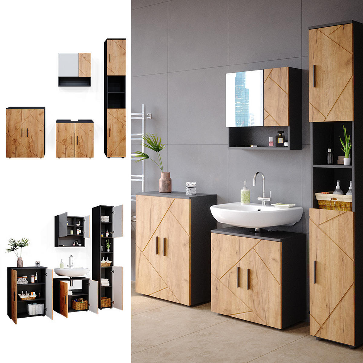 BADMÖBEL-SET Irma Goldkraft Eiche/Anthrazit 4 Teile mit Hochschrank und Kommode - Anthrazit/Eiche Wotan, Holzwerkstoff (80/58.6/41cm) - Vicco