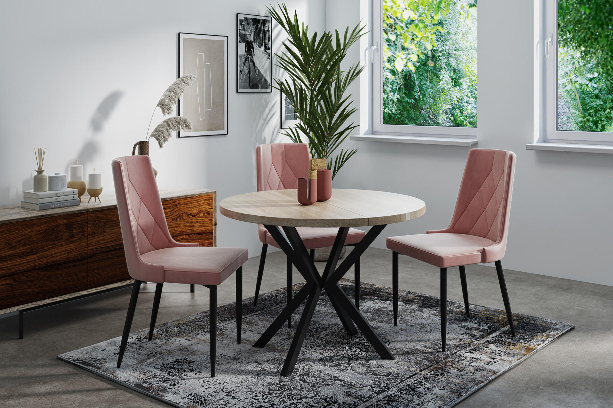 ESSTISCH Valeo runder ausziehbarer, Sonoma Eiche 100-180/100/76 cm - Schwarz/Sonoma Eiche, Holzwerkstoff/Metall (100/100/76cm) - WFL GROUP