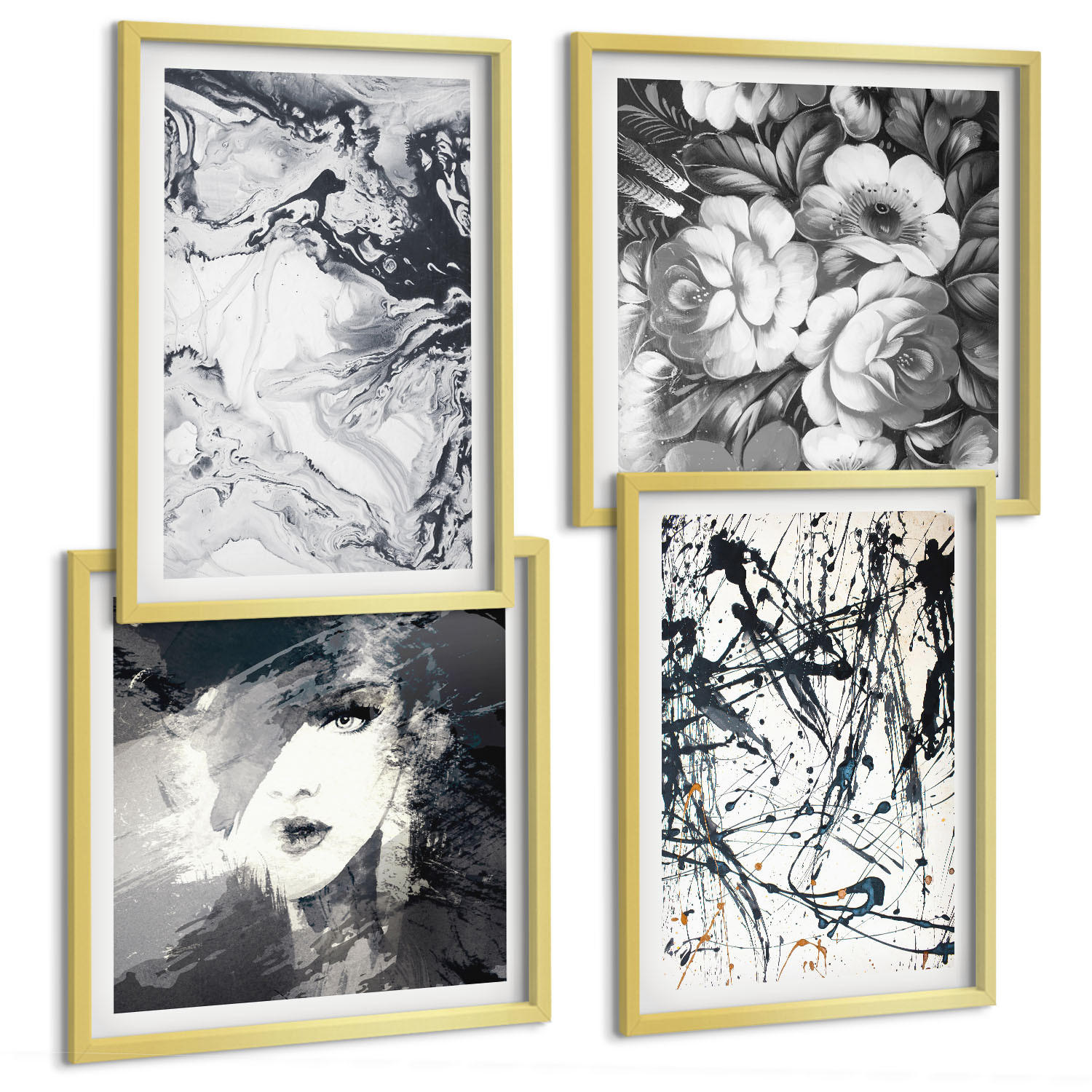 BILDER SET 4er Set - 50x50 cm & 40x60 cm Goldrahmen - Abstrakte schwarz-weiße Muster - Goldfarben, Kunststoff (50/50cm) - TULUP