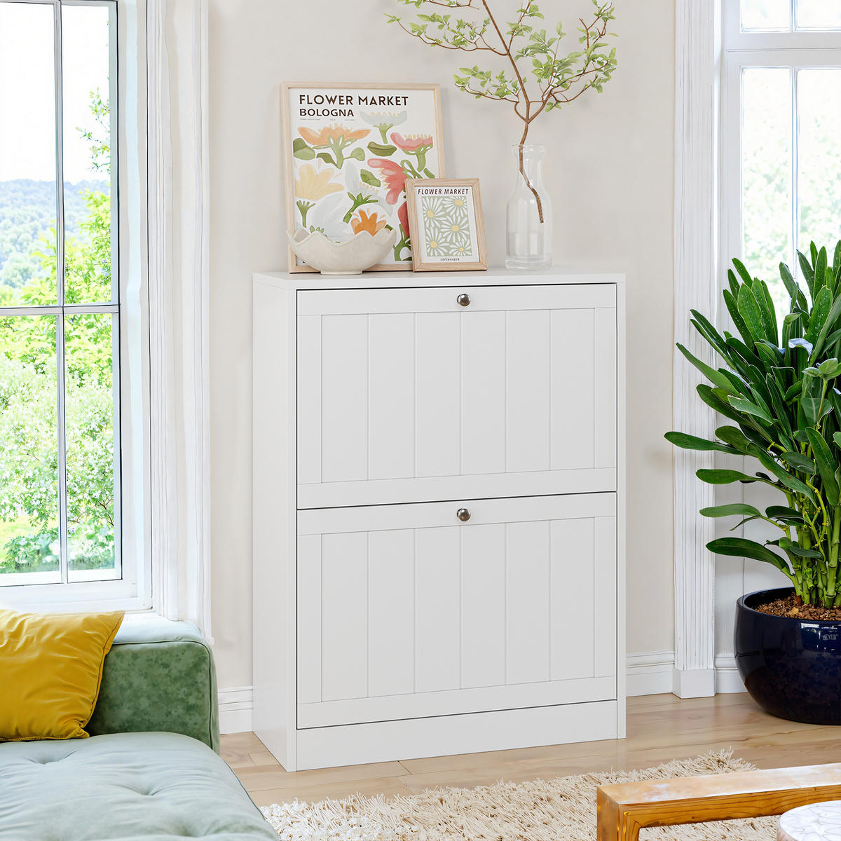 SCHUHSCHRANK aus MDF & Spanplatte in Weiß mit 2 Klappschubladen - Weiß, Holzwerkstoff (60/80/24cm) - Modfu