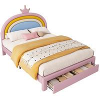 KINDER-POLSTERBETT aus PU 140x200 cm Rosa mit höhenverstellbarem Regenbogen-Kronen-Kopfteil und Schubladen - Pink, Kunststoff (140/200cm) - Modfu