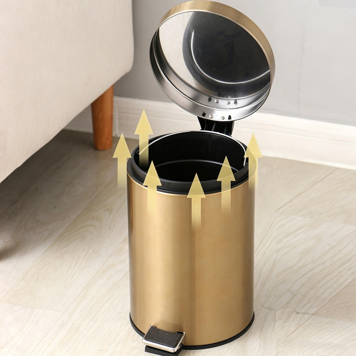 TRETEIMER 3L EDELSTAHL Kosmetikeimer 16/24/16 cm Edelstahl Champagnergold MIT FUSSPEDAL Badezimmer - Champagner, Metall (16/24/16cm) - Rolipo