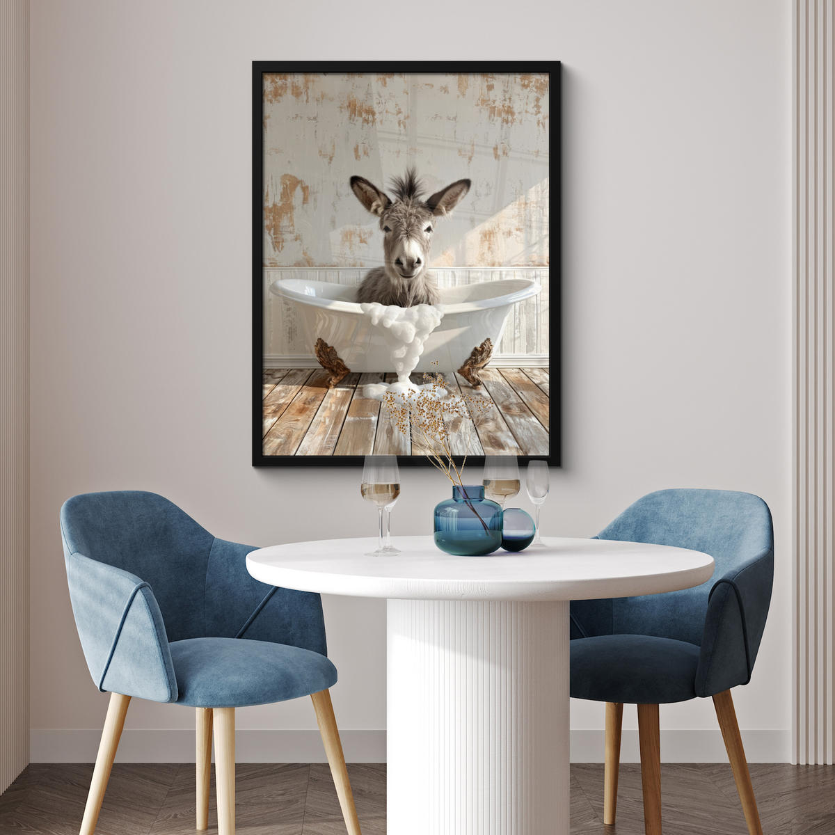 GERAHMTES BILD Esel - Tiere - Badewanne - Schaumstoff 60x80 cm - Weiß, Papier (60/80cm) - MuchoWow