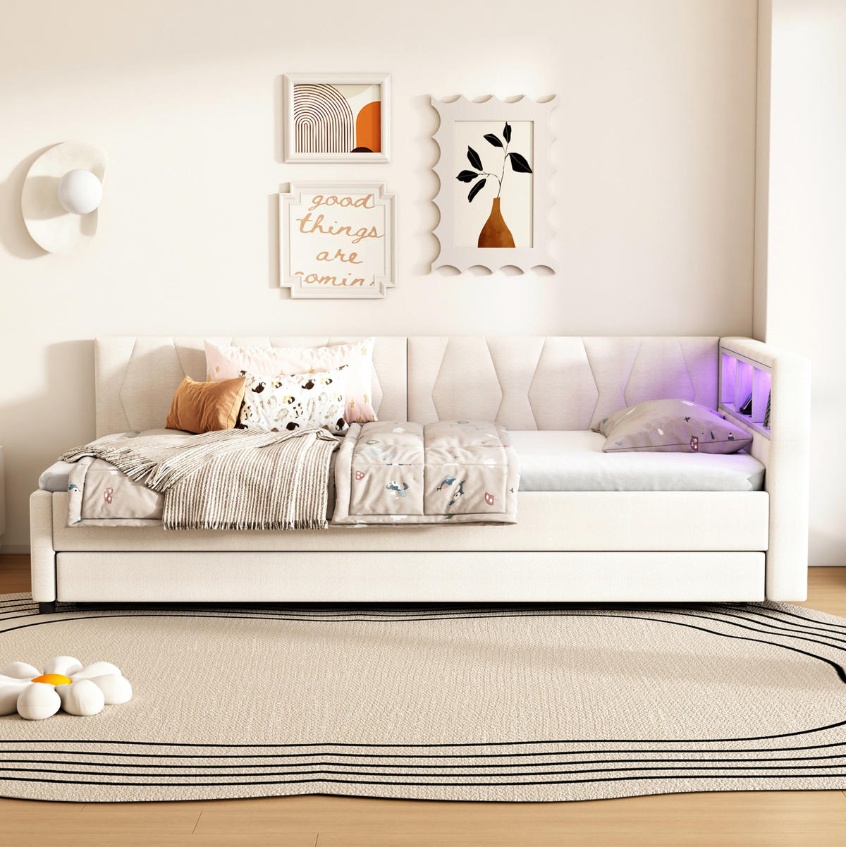 POLSTERBETT 90/200 cm Beige mit LED-Beleuchtung und USB- und Type-C-Anschlüssen - Beige, Textil (90/200cm) - Flora Grace