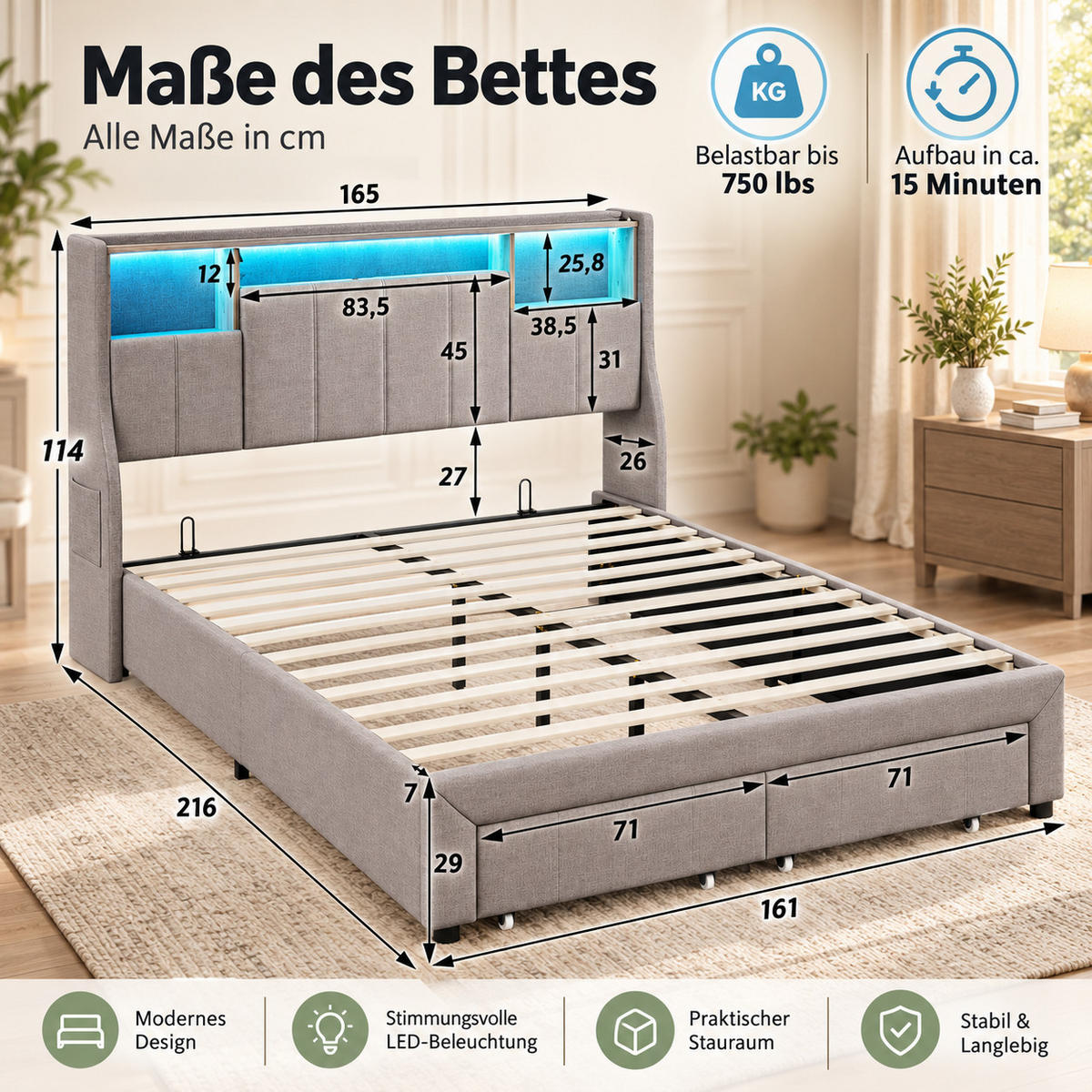 POLSTERBETT 160/200 cm mit zwei rollengeführten Schubladen am Fußende, großem Ablagekopfteil mit blauem LED-Licht & USB-Anschluss, Leinenoptik-Bezug - Grau, Holz/Metall (160/200cm) - Joyfair