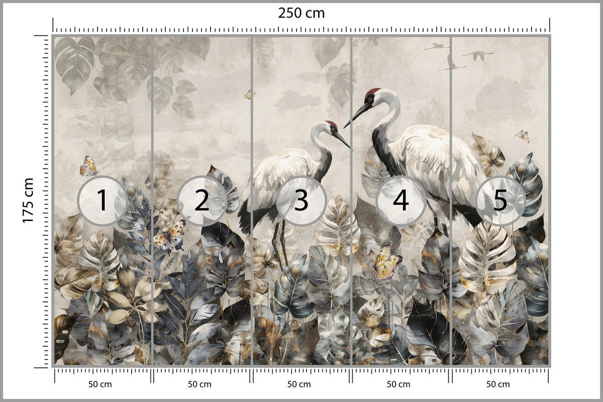FOTOTAPETE für Wohnzimmer Kraniche Abstrakten Blättern Retro Natur 250x175 - Grau, Papier (250/175cm) - Muralo