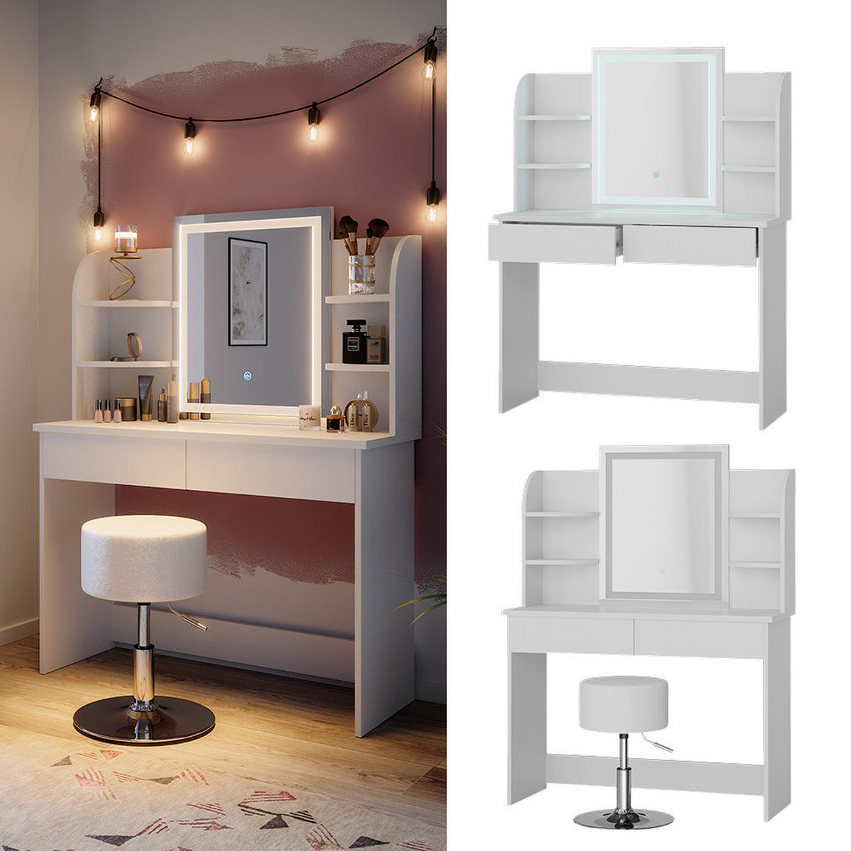 SCHMINKTISCH Charlotte Weiß 106 cm mit LED-Spiegel und Hocker - Weiß, Holzwerkstoff (106/142/40cm) - Vicco