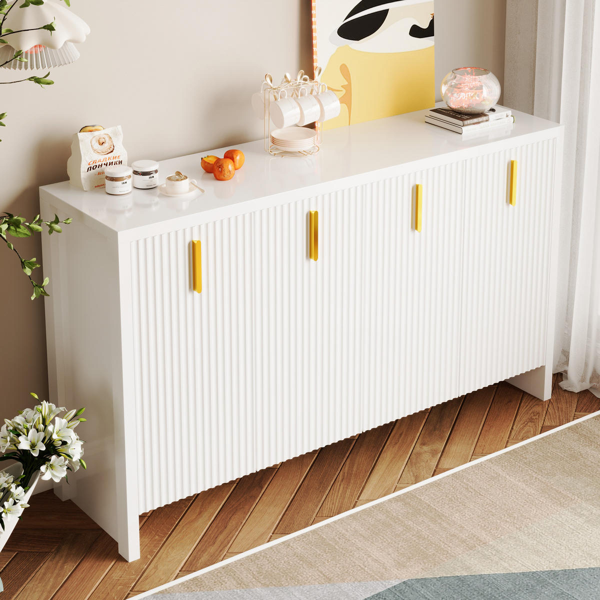 SIDEBOARD in Weiß mit verstellbaren Einlegeböden und goldenen Griffen, 140/38/80 cm, Weiß - Weiß, Holzwerkstoff (140/38/80cm) - Redom