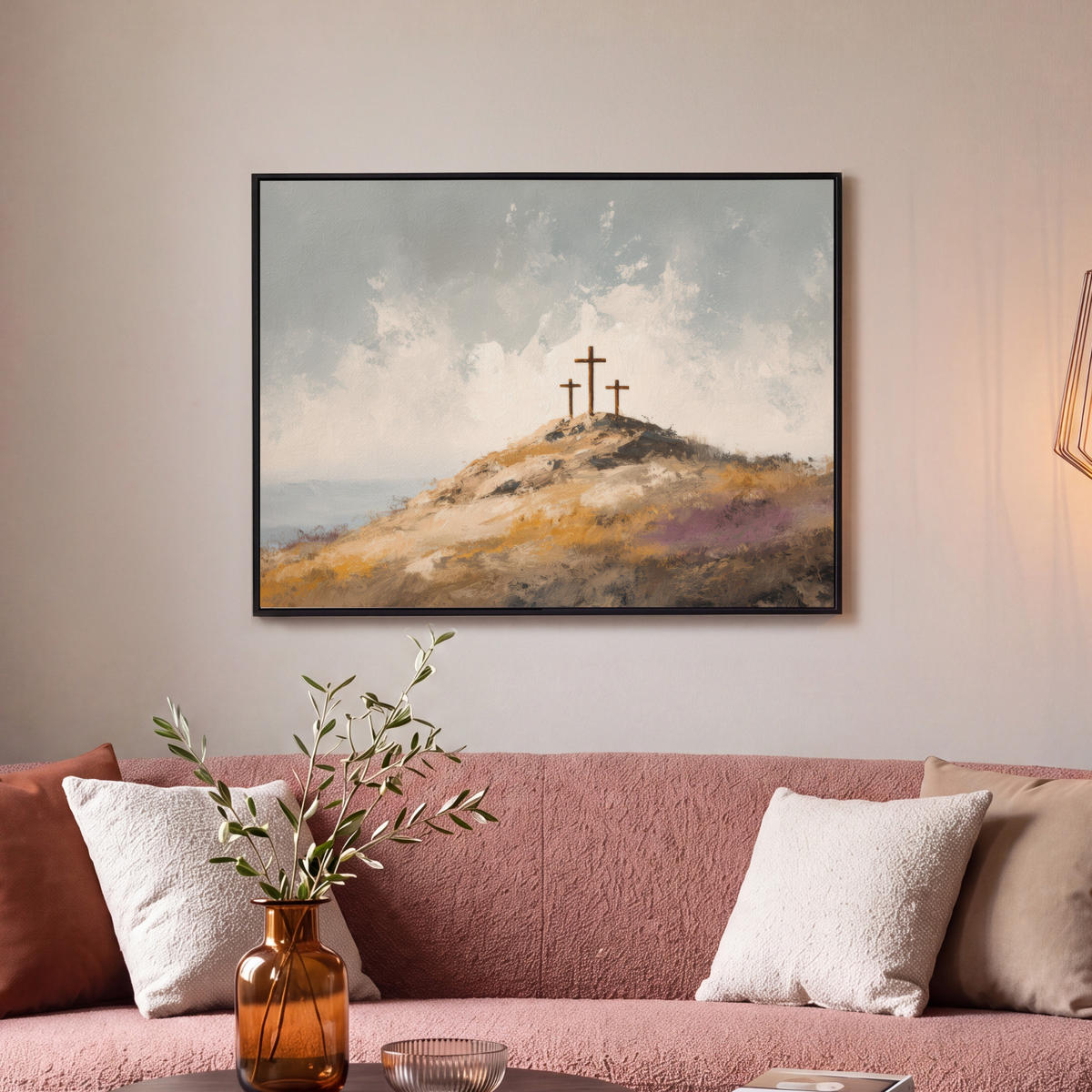 LEINWAND Bilder mit Rahmen - Hügel - Abstrakt - Christentum - Kreuz - 80x60 - Hellgrau, Textil (80/60cm) - MuchoWow