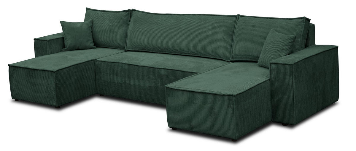 WOHNLANDSCHAFT Hugo U-Form Cordstoff mit Schlaffunktion und Bettkasten - Grün, Textil (312/83/142cm) - VENASI MÖBEL