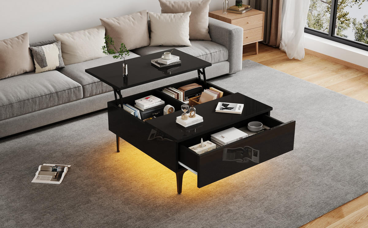COUCHTISCH, höhenverstellbar mit Stauraum, LED, 70/70/35–48,5 cm, schwarz Hochglanz - Schwarz, Holzwerkstoff (70/70/35cm) - Redom