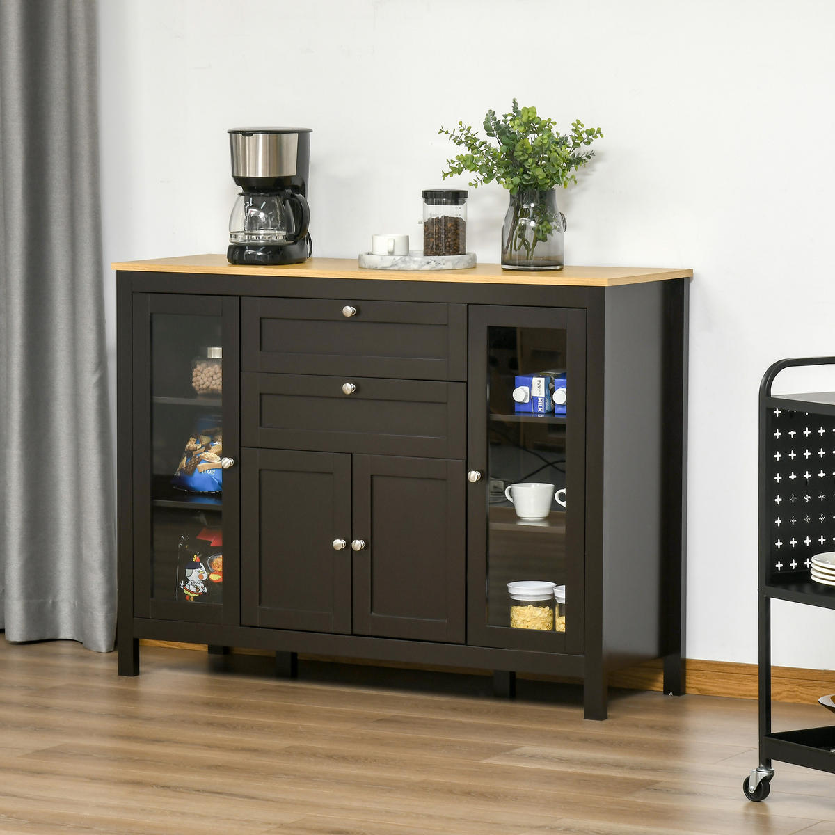 SIDEBOARD DE-11209 3 Schränke (2 mit Glas) Schwarz - Schwarz, Holzwerkstoff (120/90/40cm) - ComfortXL
