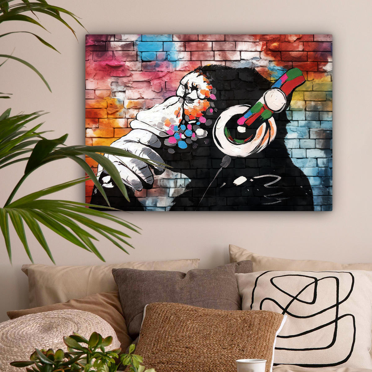 LEINWANDBILD Affe - Graffiti - Musik Wandbilder 80x60 cm - Multicolor, Textil (80/60cm) - MuchoWow