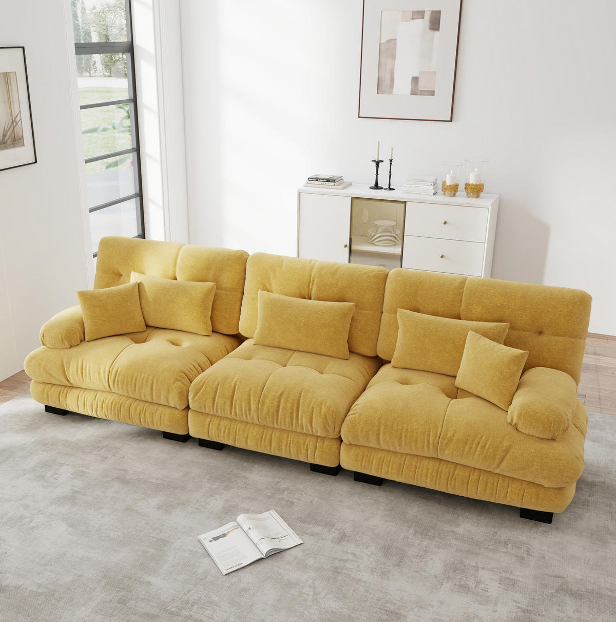 ECKSOFA 313/77/81 cm gmodular gelb aus Chenille mit Tiefensitz und Rundarmlehnen - Gelb, Textil (77/313cm) - OKWISH