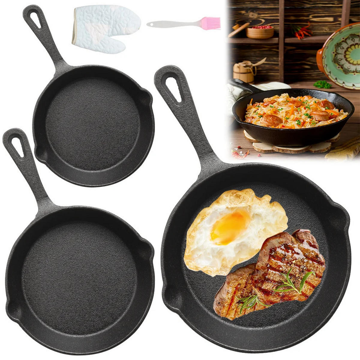 PFANNENSET Gusseisen 3-teilig Bratpfanne Topf Schwarz - Schwarz, Metall - Kaket