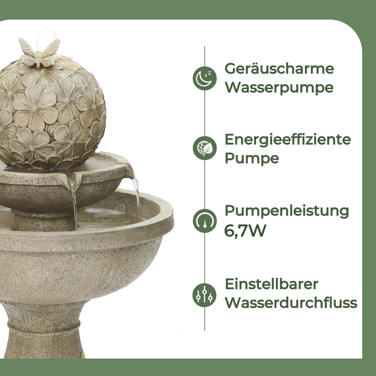 2-STUF. Polyresin-Gartenbrunnen, Vogeltränke+Schmetterling auf Kugel, 95cm, Garten/Balkon/Terrasse - Grau, Kunststoff (45/45/95cm)
