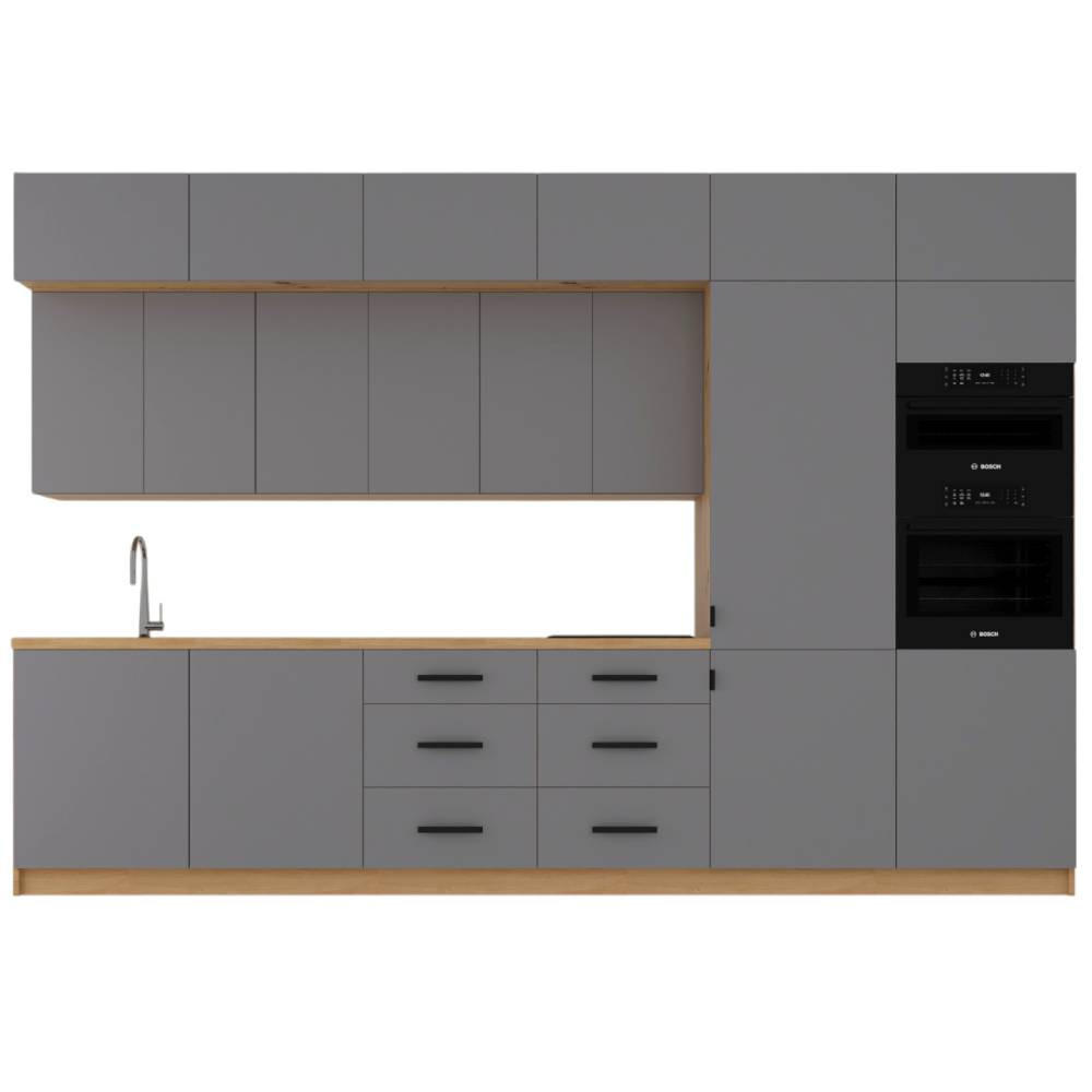 KÜCHENZEILE 360 cm - Langen K72-M360 R in Beige/Matt - Beige/Schwarz, Holz/Metall (360/248/58cm)