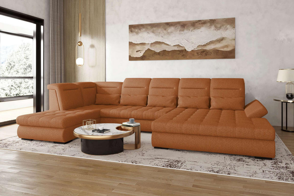 WOHNLANDSCHAFT Toscana Strukturstoff inkl. Schlaffunktion - Rostfarben, Textil (358/87/208cm) - 99rooms