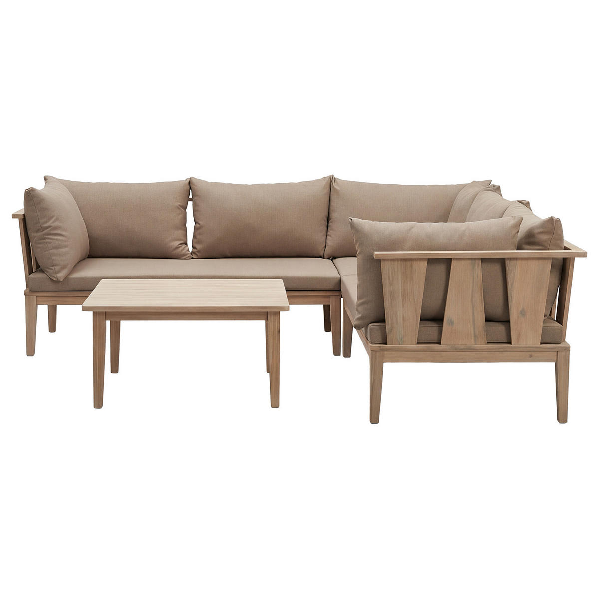LOUNGESET - 4-teilig - Akazie massiv / Webstoff - Braun / Taupe - Taupe, Holz/Textil - home24