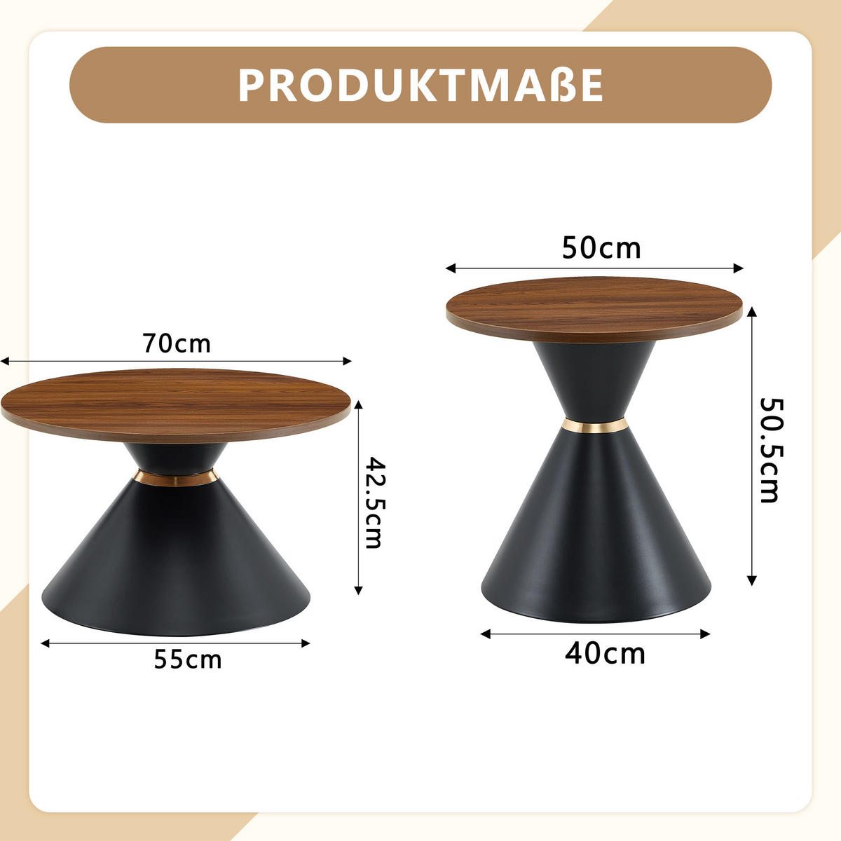 KONFERENČNÍ STOLEK sada 2 ks v dekoru ořechu a černé, kuželový design - barva vlašského ořechu, kov (70/70/42.5cm) - Urban Meuble