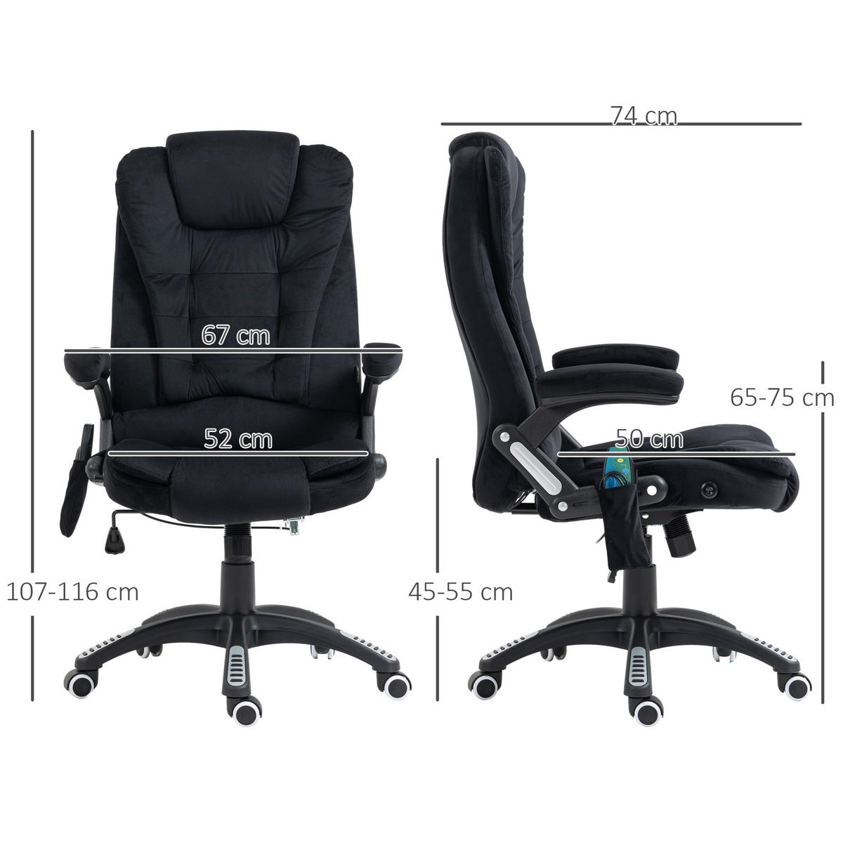 MASSAGE-BÜROSTUHL mit Wippfunktion, Schreibtischstuhl mit Heizfunktion, Schwarz - Schwarz, Kunststoff/Textil (74/116/67cm) - Vinsetto